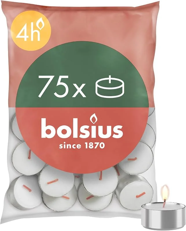 Visita la tienda de Bolsius Bolsius - Velas de Té - 75 Unidades - Duración de Combustión: 4 Horas - Velas Decorativas para el Hogar - Contiene Cera Vegetal Natural - Sin Aceite de Palma — Cena a la luz de velas