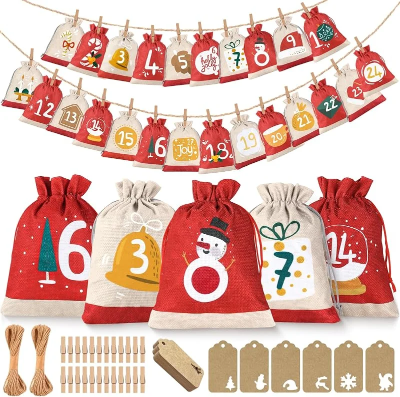 Dwelilin Calendario Adviento para Rellenar Vacio Tela 2025, 18 x 13 cm Calendario de Adviento para Rellenar DIY 24 Bolsas de Yute, Calendarios de Adviento Navidad Decoración para Niños, Hombre, Mujer — Adviento y mesa