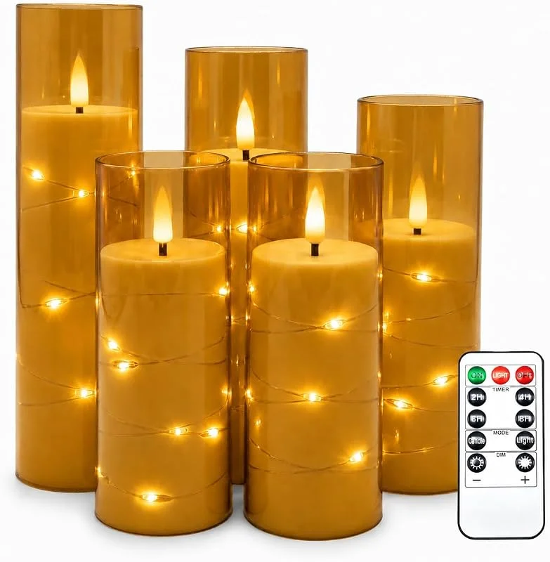 Visita la tienda de Da by Da by 5 Velas LED Color Champán con Tubo Exterior y Luces Hada Internas, Llama Parpadeante Realista, 1 Mando, Plástico Resistente al Calor, Tamaños Surtidos, Reutilizables para Interior y Exterior — Luces Navidad