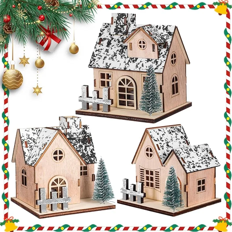 NOLITOY 3 casas de pueblo de Navidad de madera con iluminación LED, kit de manualidades de madera rústica tradicional para rituales navideños y centros de mesa, arreglo decorativo de bricolaje para — Decoracion Navidad
