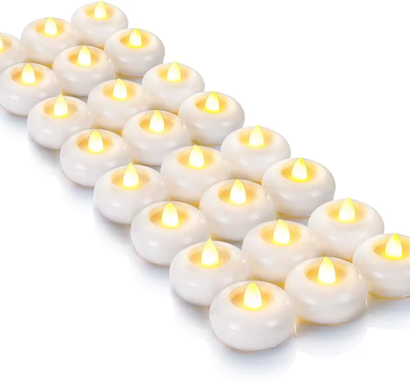 Homemory Paquete de 24 velas LED flotantes impermeables sin llama de 2 pulgadas, 200 horas, funciona con pilas, para jarrones cilíndricos, centros de mesa en bodas, piscina, vacaciones — Cena a la luz de velas