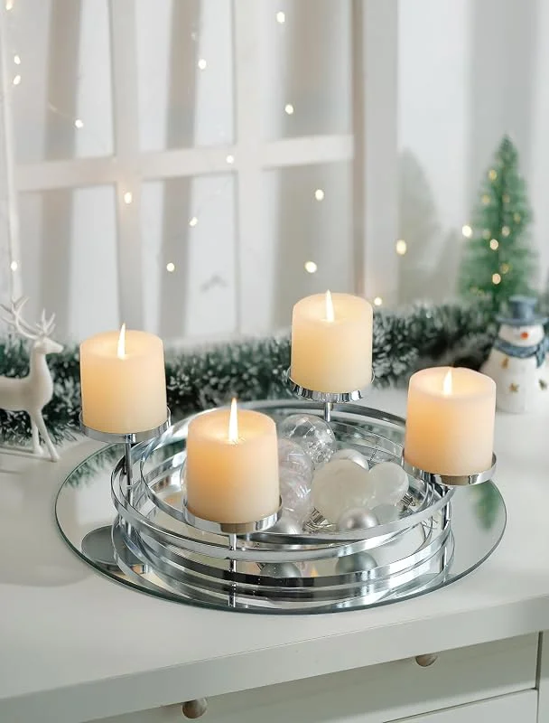 Romadedi Corona de Adviento moderna redonda de metal: corona de Adviento, estructura plateada, diámetro de 30 cm, para 4 velas de pilar de 8 cm de diámetro, diseño escandinavo minimalista para mesa — Adviento y mesa