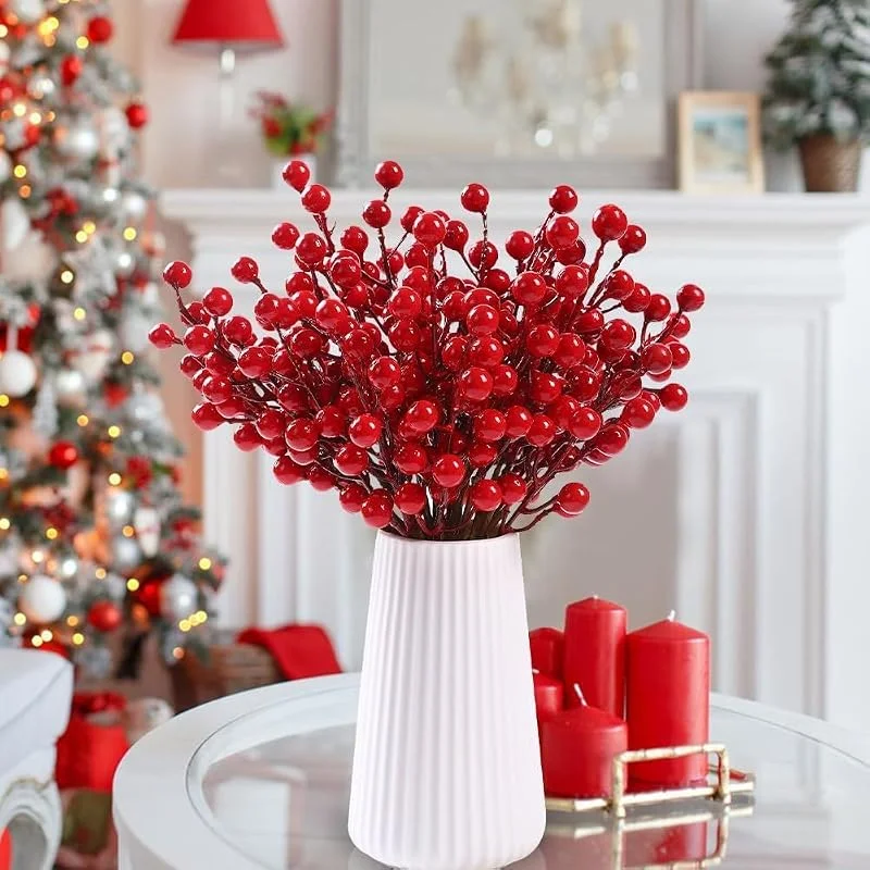 15 ramas de bayas artificiales de Navidad de imitación de 15 cabezas de bayas rojas, corona de árbol de Navidad, decoración de plantas artificiales, 21 cm — Decoracion Navidad