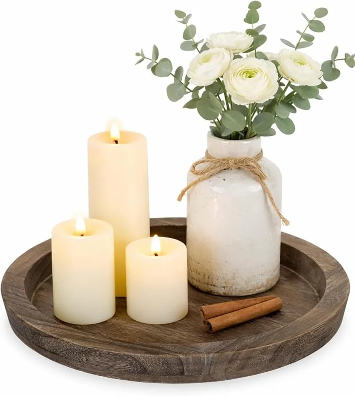 Hanobe Bandeja de Madera para portavelas: Placa Redonda Decorativa para Velas, Centro de Mesa de Granja, bandejas de Madera rústica, para Navidad, Boda, Halloween, decoración del hogar — Decoracion Navidad