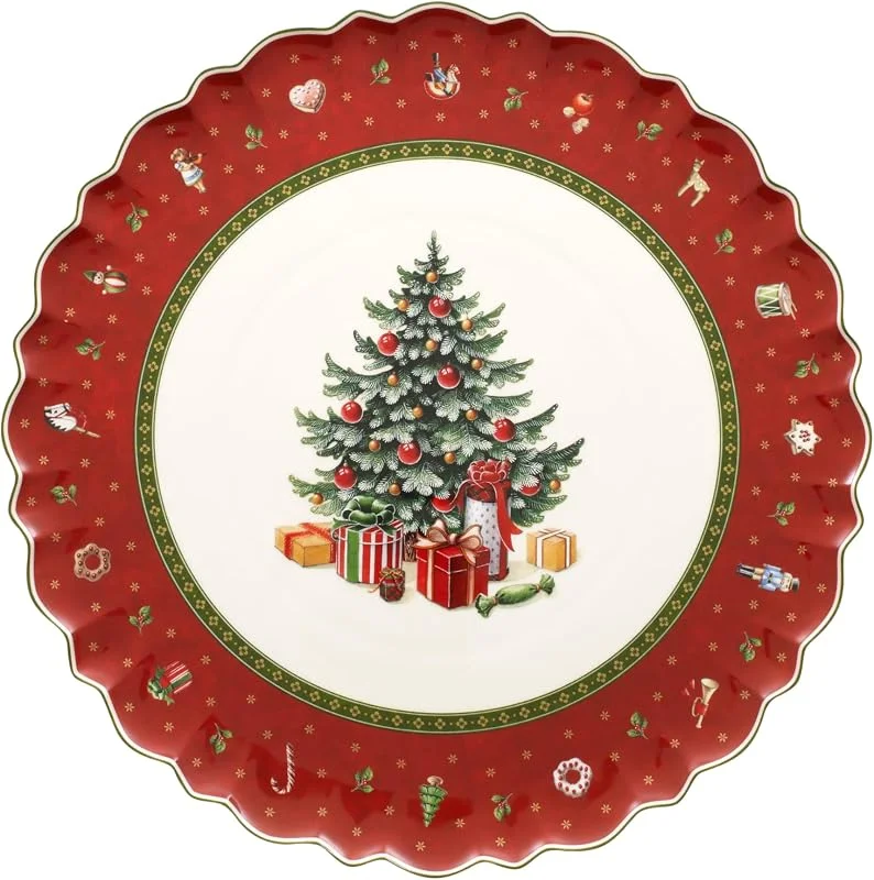Villeroy & Boch 14-8585-2200 Bandeja para Tartas Redonda Toy's Delight, para Navidad, 33 cm, en Festivo Embalaje de Regalo, Porcelana, Rojo, Redondo — Adviento y mesa