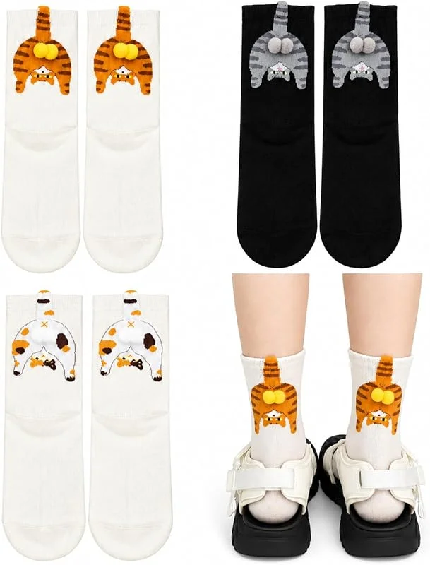 Luxorium 3 pares de calcetines gatos mujer de algodón, calcetines mujer divertidos con diseño de animales y pompones 3D, talla 35-40, idea de regalo original para amantes de los gatos y novias. — Decoracion Navidad