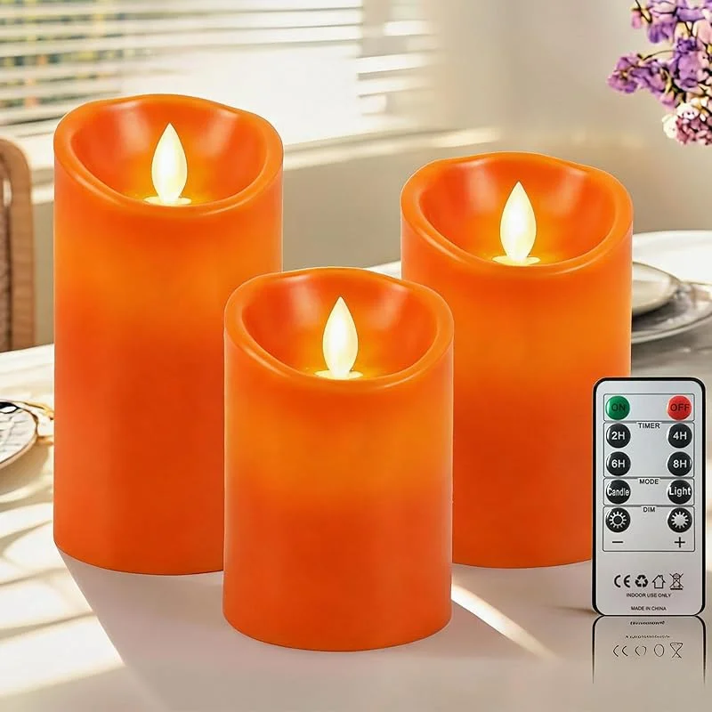 PinnWaa Velas LED Pilar, 3 Piezas, Cera Real, Mando, Temporizador, Naranja — Luces Navidad