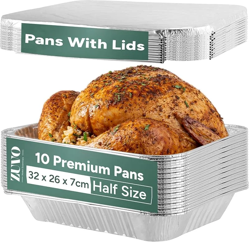 Zuvo - Bandejas grandes de aluminio con tapas de 32 x 26 x 7 cm ( 0), Contenedores desechables de alta resistencia para cocinar, hornear, asar, barbacoa, preparación de comidas y catering — Hogar y cocina