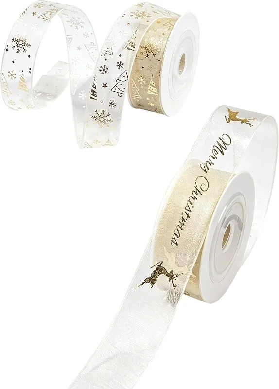 JHOSFA Cinta Organza Reno Navidad, 2 Rollos Cinta Transparente Estrellas Regalos, Lazos Organza Manualidades Navideñas, Cinta Decorativa Dorada Bodas, Regalos, Cinta Fina Transparente — Envoltorio regalo