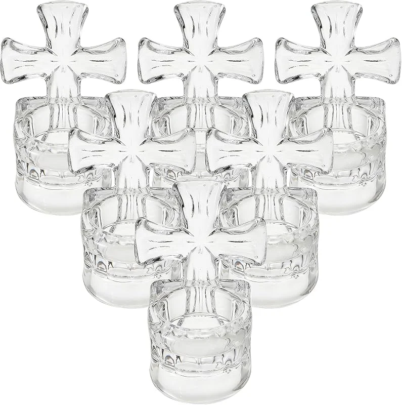 Okllen Paquete de 6 portavelas de cristal transparente con forma de cruz de té, portavelas votivos de cristal de 4 pulgadas de alto para decoración religiosa del hogar, iglesia, regalos — Cena a la luz de velas