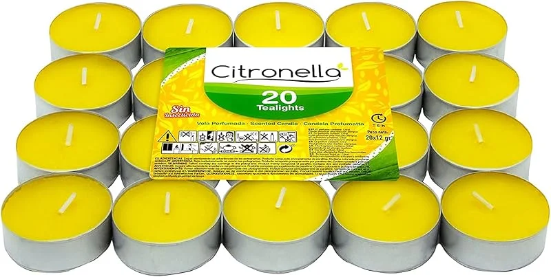 Sumedtec Pack de 20 Velas Citronela Perfumada - Vela Perfumada Antimosquitos - Tealight Citronella Candles - 4 Horas Duración Sin Insecticida. — Cena a la luz de velas