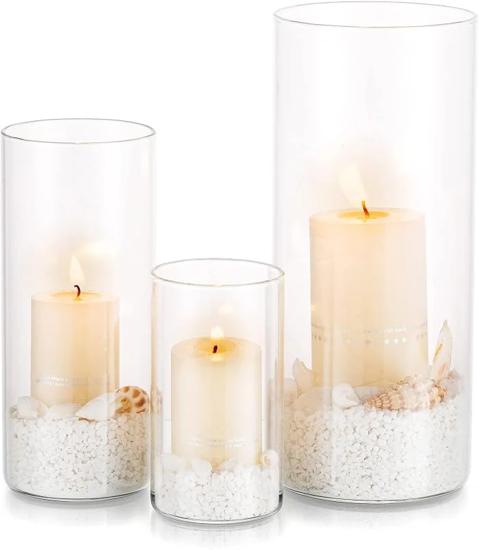 Glasseam Portavelas Hurricane Cilindro De Vidrio: 3 Piezas, Juego Jarrón De Flores Transparente para La Luz del Té Velas Flotantes del Pilar Votivo para Decoraciones De Mesa De Comedor Centros De Mesa De Boda — Cena a la luz de velas