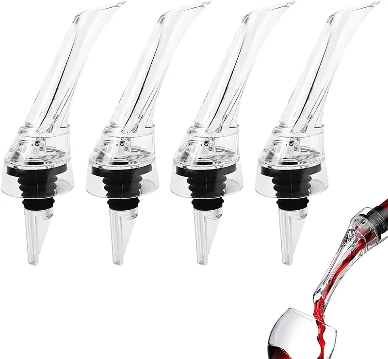 mizikuu 4 Piezas Aireador Vino Pourer, Decantador para Rojos Blancos Sin Goteo Vertedor Rapido Profesional Oxidante de Vino Tinto con Bomba de Vacío Aireador para Botella Sin BPA — Vino y mesa festiva
