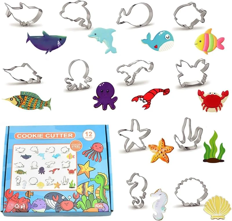RUIYWEN Juego de 12 Cortadores de Galletas Animales Marinos Moldes de Acero Inoxidable para Galletas Fondant Chocolate Moldes Peces — Hogar y cocina