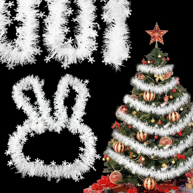 YPLonon Guirnalda Artificial de 12m Corona de Abeto con Copos de Nieve Blancos Versátil Corona de decoración navideña para Chimenea Escalera y Marco de Puerta — Decoracion Navidad