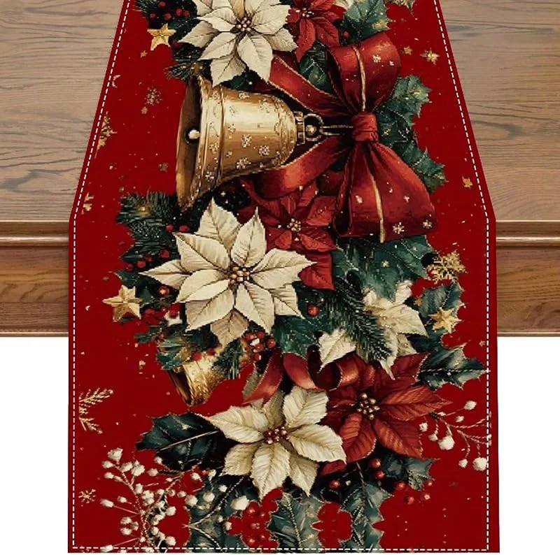 BSITSSS Camino de Mesa Navidad 183 x 33 cm, Decoracion Mesa Navidad, Poinsettia Holly Bell Camino Mesa Rojo Navideño para Decoración Fiestas Vacaciones Hogar Cocina Interior Exterior — Hogar y cocina