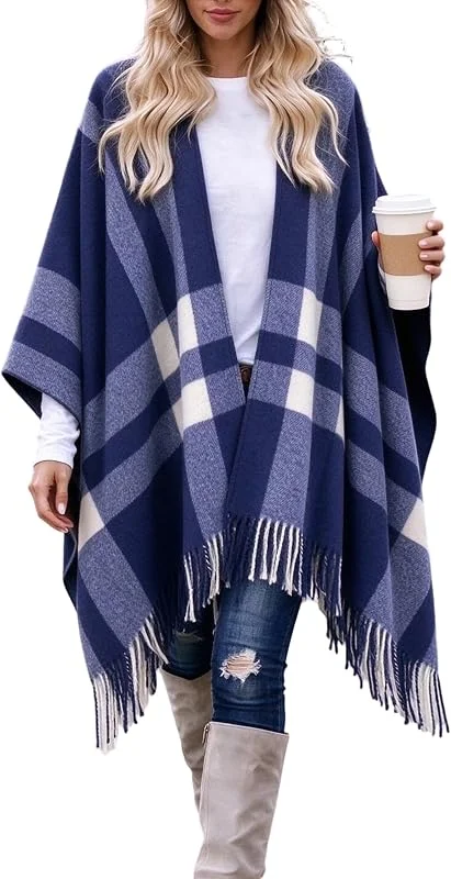 breezy lane Suéter tipo poncho a cuadros para mujer, de gran tamaño, frente abierto, capa de punto, borla, cárdigans para otoño e invierno — Ropa Navidad