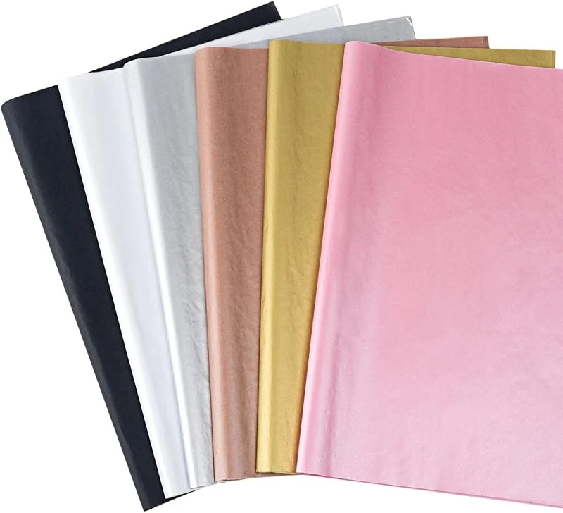 Feibmir 60 hojas de papel de seda metálico 6 colores para embalaje de regalo para fiestas de cumpleaños, Navidad, bodas, manualidades, 50 x 35 cm (oro rosa, oro, plata, oro rosa, negro, blanco) — Envoltorio regalo