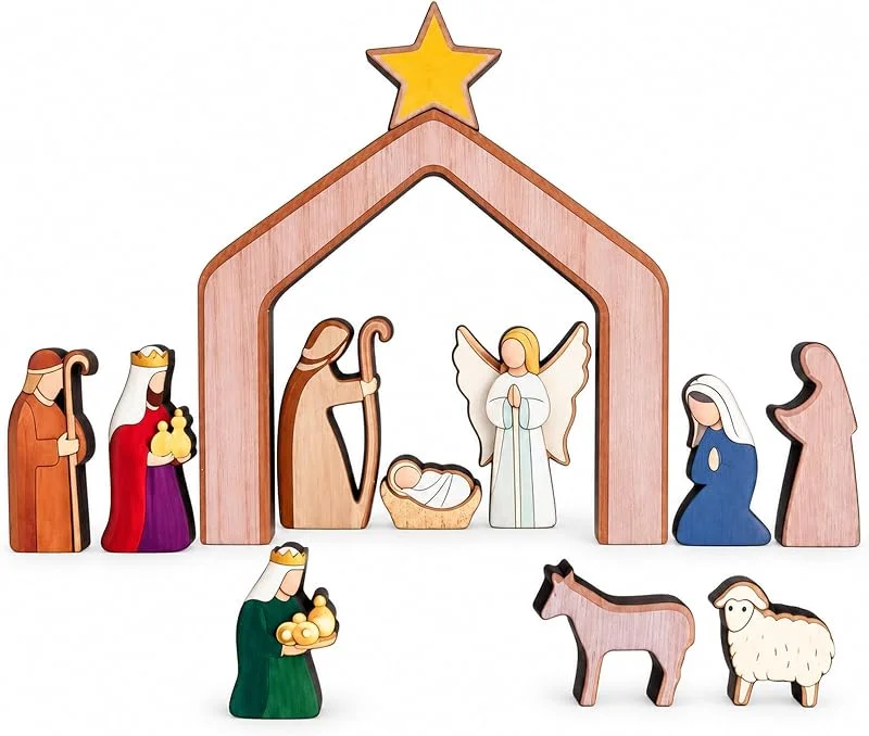 Nehaluxiso Belén navideño de 14 Piezas, belén de Madera, Figuras para belén — Decoracion Navidad