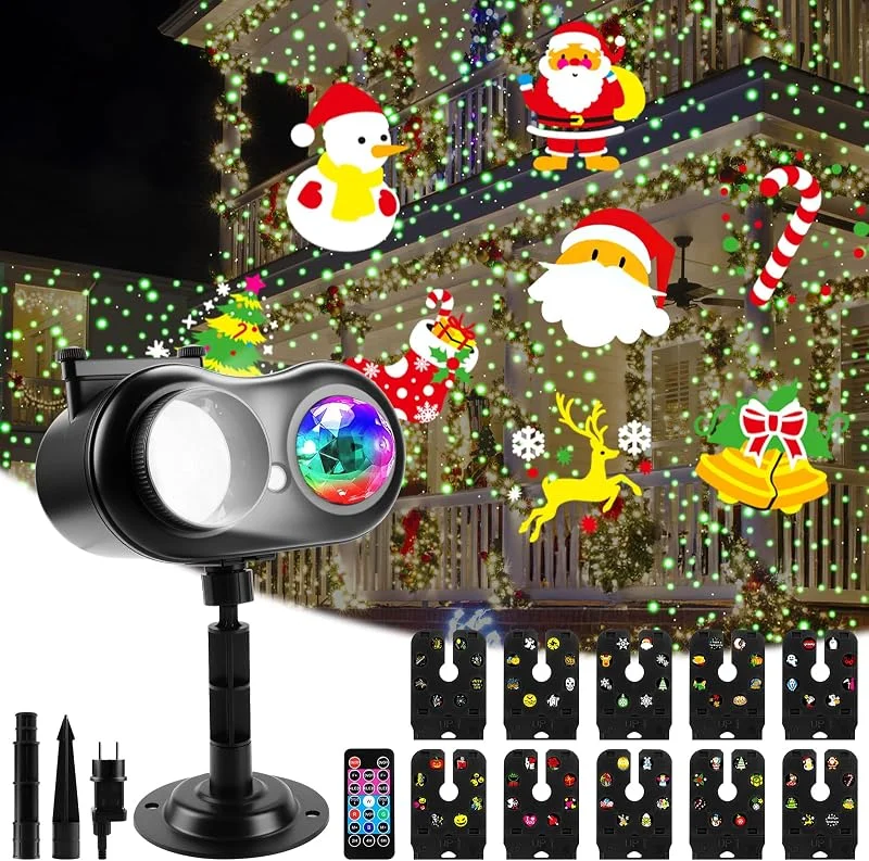 Jellybibo Proyector de luz navideña, lámpara de proyección LED de doble orificio 2025 mejorada para exteriores con 14 patrones conmutables, 10 colores, efecto de onda, control remoto, para decoración de Hallowe — Luces Navidad