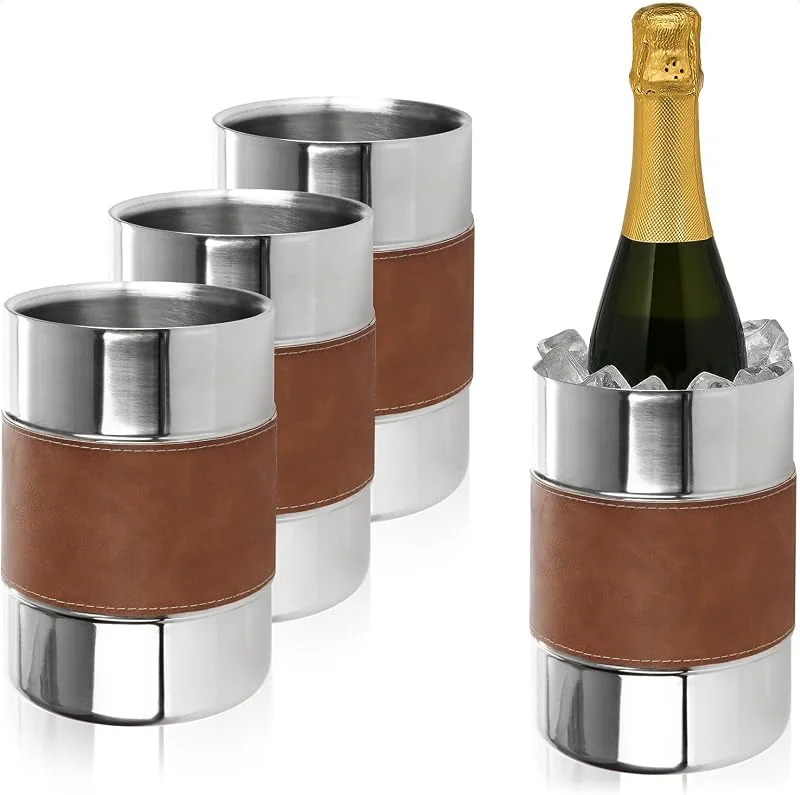 Visita la tienda de com-four COM-FOUR® 4x Enfriador de champán acero inoxidable con correa de piel — Vino y mesa festiva