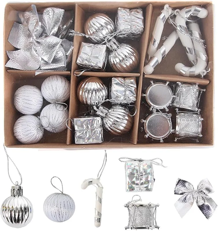 BDKMMS Juego de bolas de Navidad, 24 unidades, decoraciones para árbol de Navidad con bastones de caramelo, lazos, cajas de regalo, tambores, bolas de plástico para vacaciones, bodas y cumpleaños — Decoracion Navidad