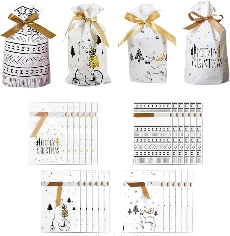 Vxiwscy 24 piezas de bolsas de regalo de Navidad con cordón – Bolsas de fiesta de Navidad de alta calidad, reutilizables para regalos, dulces y bocadillos – Envases ideales para Navidad, cumpleaños y — Envoltorio regalo