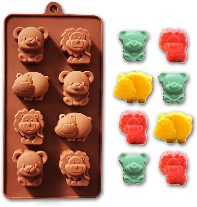 WishesMar Moldes de Chocolates de Silicona Forma de Varios Animales León Hipopótamo Oso - 8 Cavidades Antiadherente Reutilizable Molde de Silicone para Caramelo, Dulces, Decoración de Pasteles — Hogar y cocina