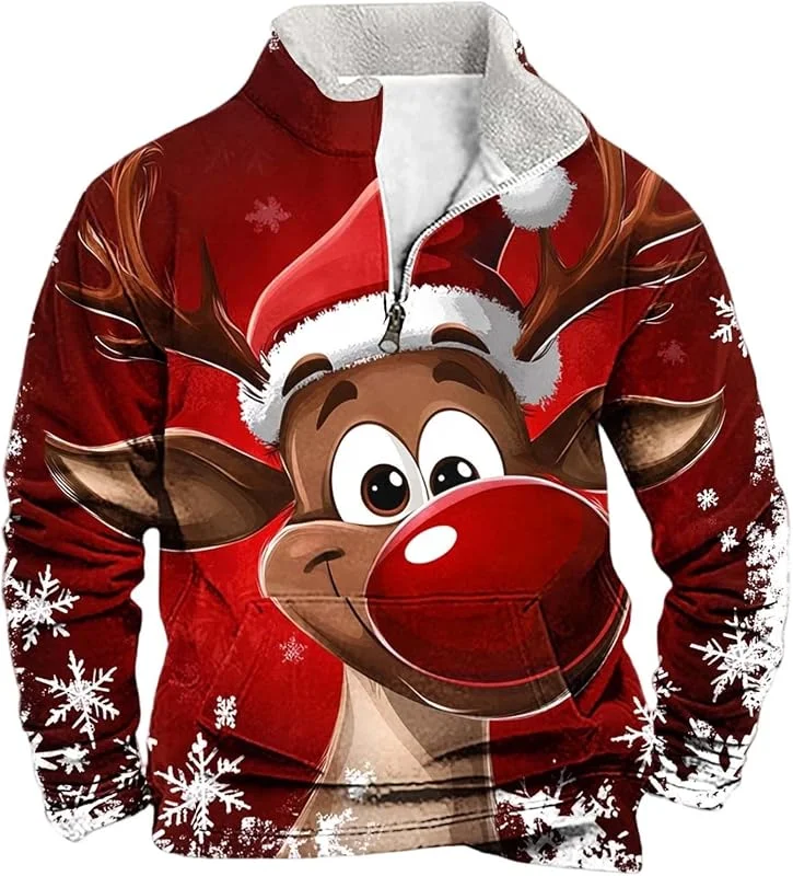 Genérico Christmas Impreso Jerséis Cuello Redondo Jersey de Navidad para Hombre Media Cremallera Cuello Alto Sweater Sudadera Navidad para Hombre Suéter Sudaderas Navideñas Manga Larga Pullover Regalos — Ropa Navidad