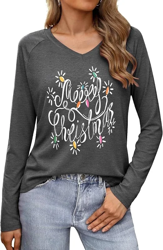 Visita la tienda de Terecey Terecey Camiseta de Navidad para mujer, manga larga, cuello en V, holgada, divertida, camiseta de Navidad, feo jersey de Navidad, para otoño e invierno, S-XXL — Ropa Navidad