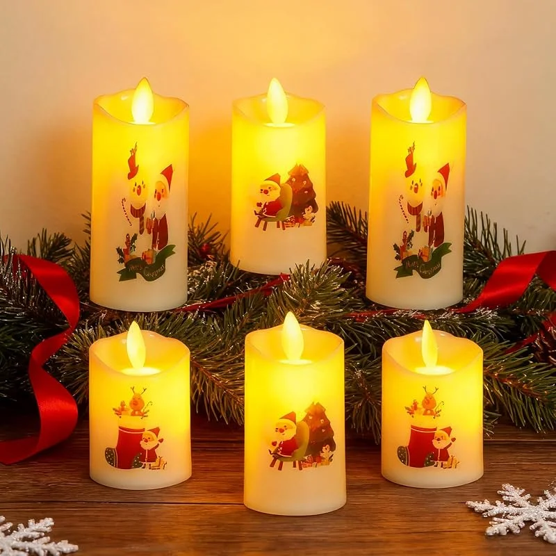 SPERMUOY Velas LED decorativas navideñas, 6 unidades, sin llama, velas LED con patrón de Papá Noel, decoración de Navidad, velas LED para decoración navideña — Luces Navidad