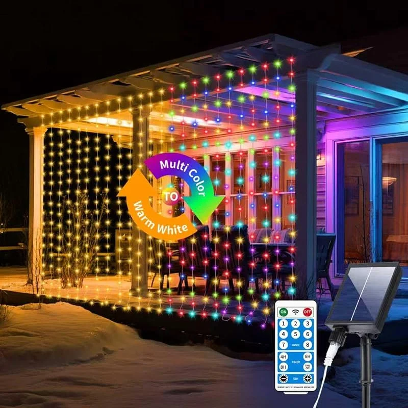Visita la tienda de RJEDL 3 en 1 Cortina Luces Navidad 3x3 m, 300 LED Luces Solares para Cortinas, 8 modos, Cortina de Luz Solar con resistencia al agua IP65, con mando a distancia, temporizador y funciones de memoria