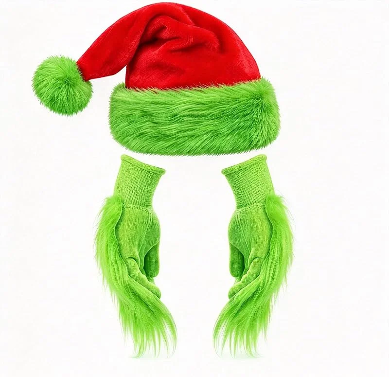 IHLOOTD Accesorio de Disfraz de Navidad, Gorro de Navidad de peluche + Guantes de Monstruo Verdes, Gorro de Papá Noel, Guantes de Piel Verde para Adultos, Accesorio de fiesta para Navidad, Halloween, Carnaval — Ropa Navidad
