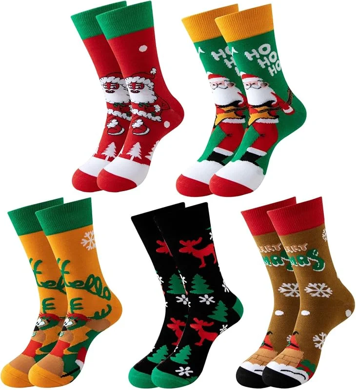 FOSDICK 5 Pares Calcetines Navidad, Divertidos Calcetines Navideños, calcetines Navidad Mujer Hombre, Elásticos Calcetin navidad, Coloridos Christmas Socks, Calcetin Navideño Unisex Talla Única 37-45 — Decoracion Navidad