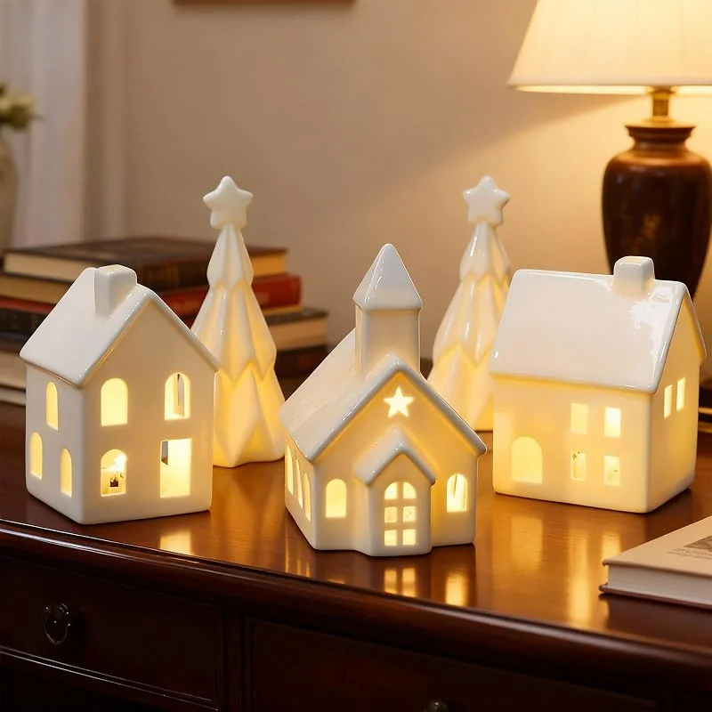 Mlijzard Juego de casas de pueblo de Navidad de cerámica con luz LED — Decoracion Navidad