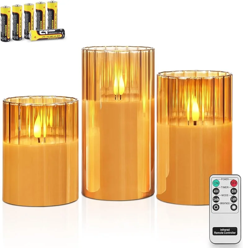 Visita la tienda de Rhytsing Rhytsing 3 Velas led de Cristal Rayas Verticales Dorado con Mando a distancia, Velas a Pilas con Temporizador Decorativas para Navidad, Altura 10cm, 12, 5cm, 15cm (Dorado) — Luces Navidad