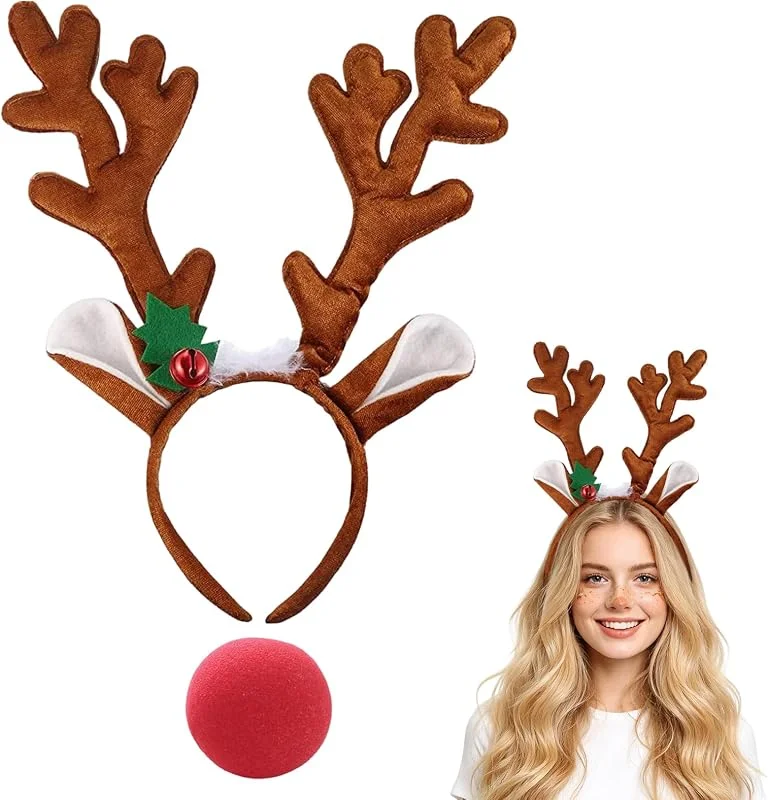 LQTSLFM Set Accesorios para Disfraz de Reno, Diadema de Reno y Nariz de Reno Rojo — Ropa Navidad