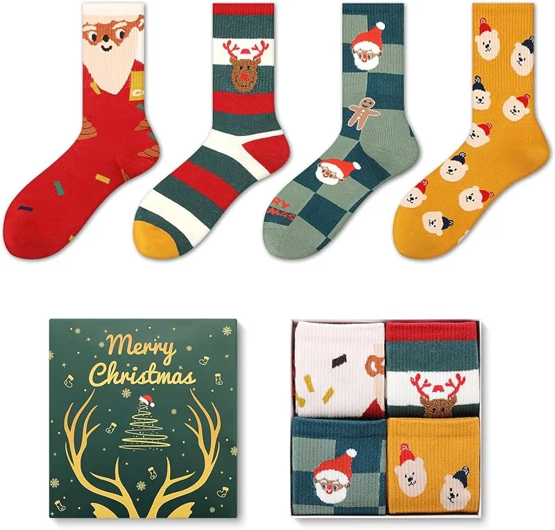 Sawnfay Calcetines Navideños Mujeres y Hombres - Juego de 4 Pares de Calcetines Festivos, Regalo Navideño para Caballeros — Decoracion Navidad
