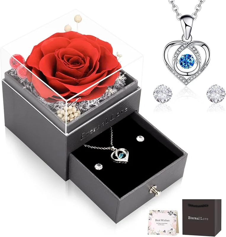 CSYY Rosa Eterna, Caja de Regalo de Rosa Preservada con Collar de Corazón y Aretes de Botón Regalo Mujer Novia Madre Aniversario San Valentin Dia de la Madre Navidad — Envoltorio regalo