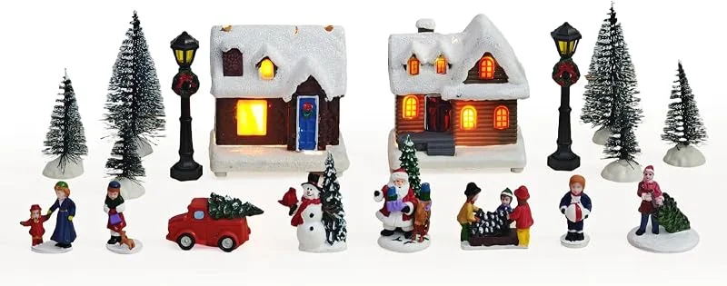 MerryPulse Juegos de pueblo de Navidad, 18 casas de pueblo de Navidad con accesorios de figura, decoración de colección de edificios urbanos — Decoracion Navidad