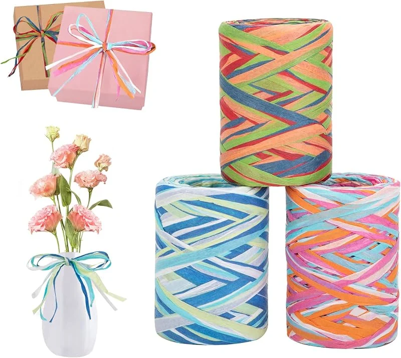 Heveer Cinta de papel de rafia multicolor, 3 rollos, 240 m, para envolver regalos, ramos de flores, decoración — Envoltorio regalo