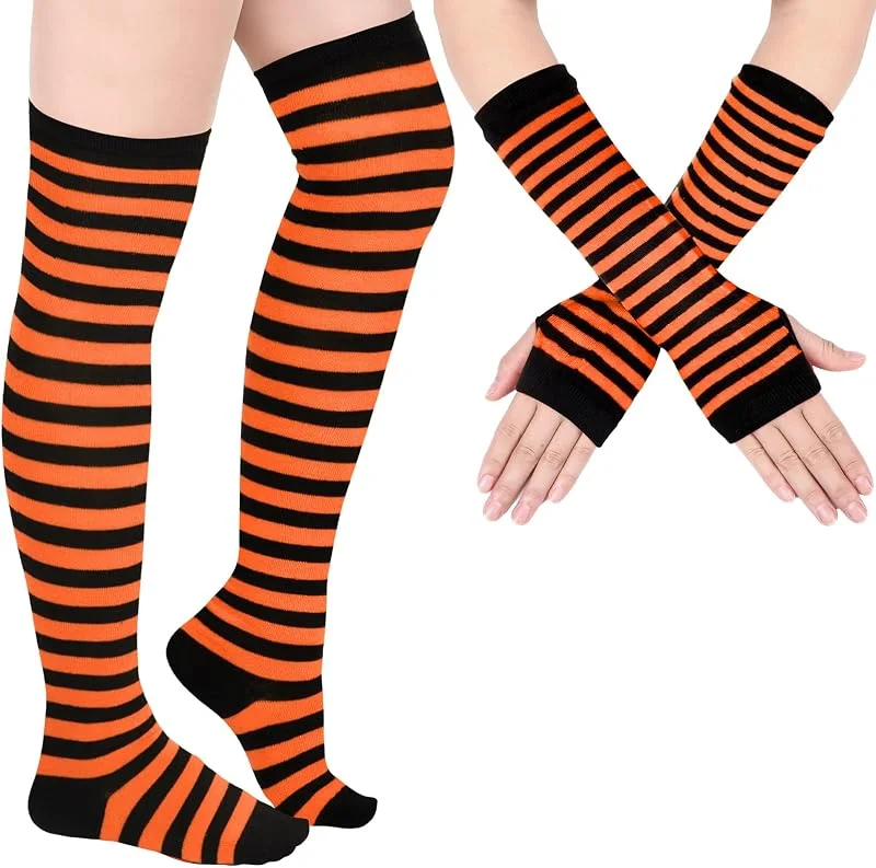 Blulu Calentadores de Brazos y Piernas Calcetines Medias hasta Rodilla a Rayas Guantes sin Dedos para Mujer — Decoracion Navidad