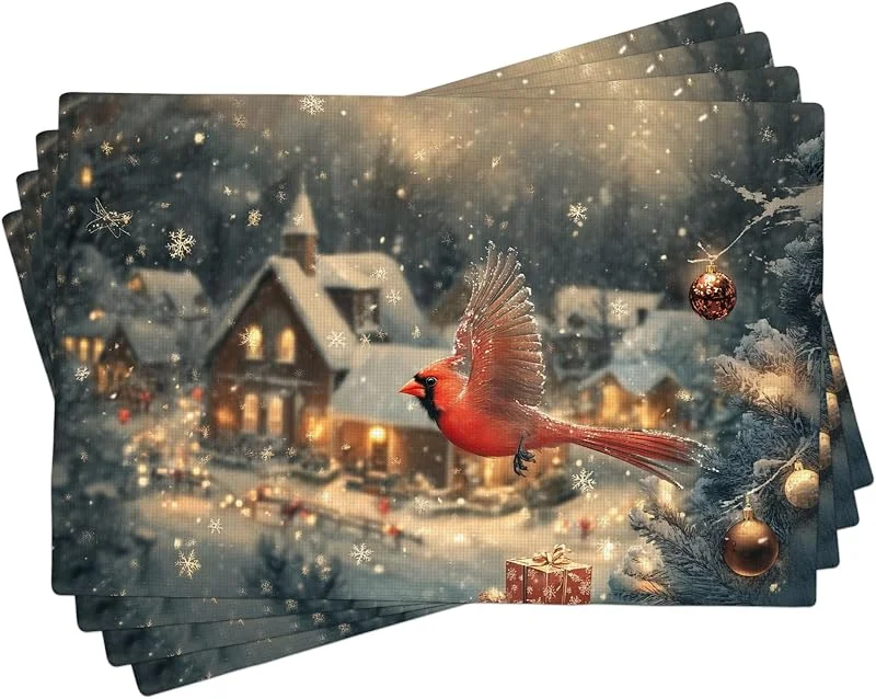 Generic Juego de 4 manteles individuales de invierno con diseño de cardenal, color rojo, para cena de Navidad, antideslizantes, decoración de Navidad, para interiores y exteriores, 45, 7 x 30, 5 cm — Hogar y cocina