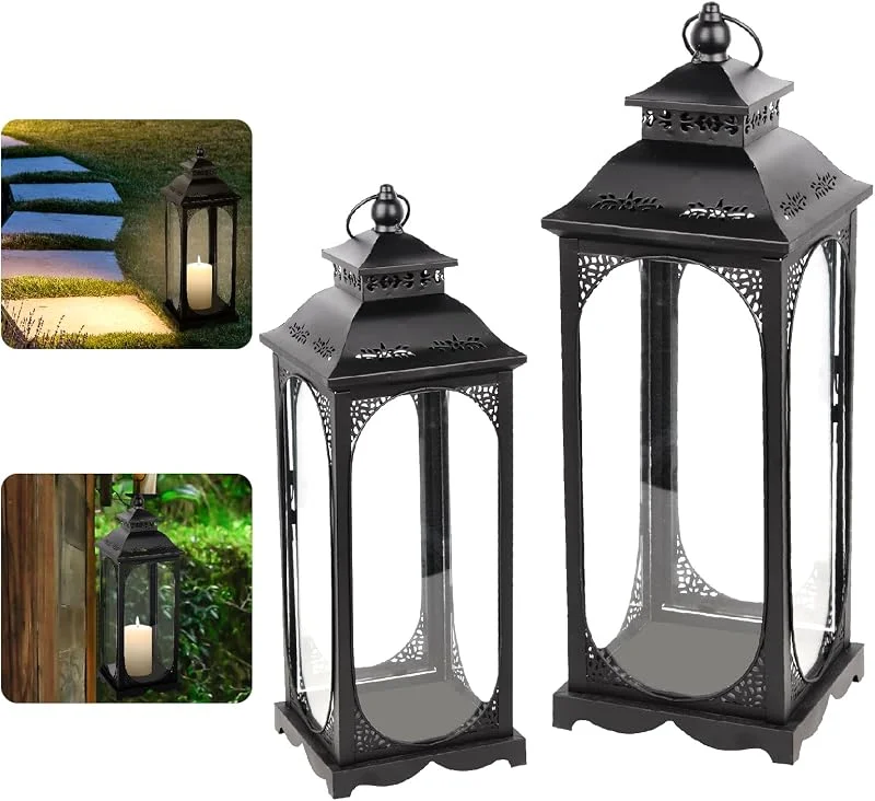 Caossuixin Aolawco Juego de 2 farolillos de jardín, farolillos decorativos para exteriores e interiores, balcón y jardín, portavelas retro para velas, decoración del hogar, día de Navidad, Halloween, portavelas — Cena a la luz de velas