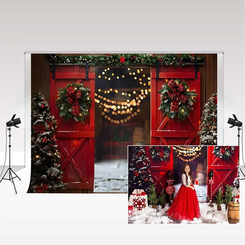 Visita la tienda de Kate Kate Fondos de fotografía navideña 3x2m, 10x6.5pies Noche de Navidad Puerta de Granero roja Fondo de Nieve de Invierno Fondo de fotografía de Retrato Familiar de cumpleaños para niños — Decoracion Navidad
