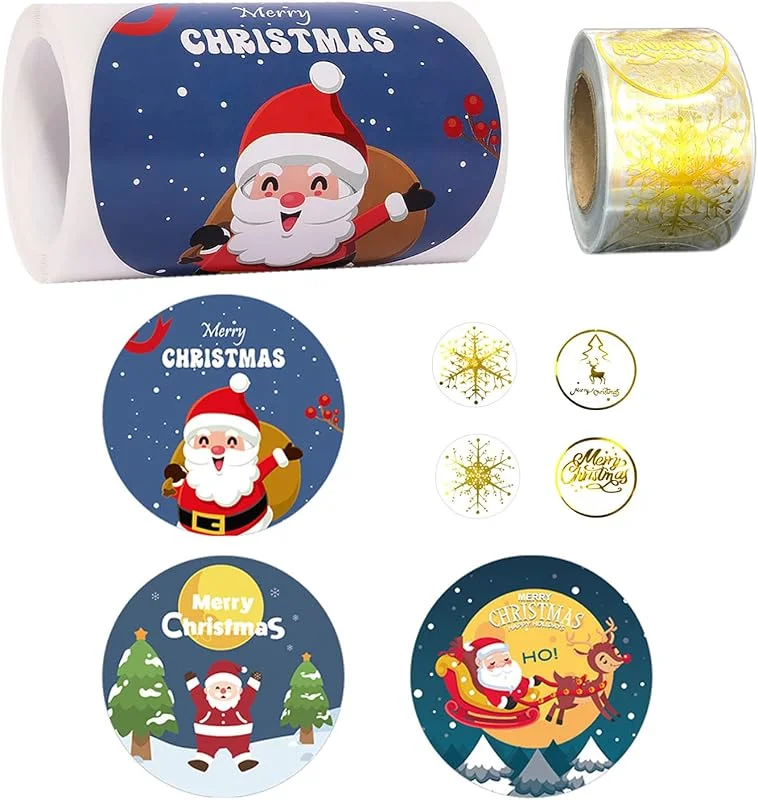 Fayemint 600 Piezas Merry Christmas Pegatinas, Rollo de Pegatinas de Navidad, Pegatinas de Feliz Navidad Transparente, para Regalos, Cajas de Regalo, Bolsas de Postres, Sobres — Envoltorio regalo
