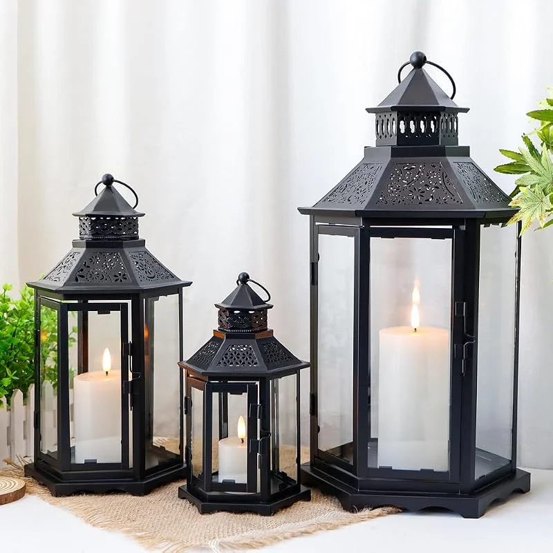 TRIROCKS Set de 3 Faroles Decorativos para Vela, Alturas 46, 33.5 y 24cm, Soportes de Metal Vintage con Vidrio Templado para Navidad, Sala, Jardín, Patio y Eventos (Negro) — Cena a la luz de velas