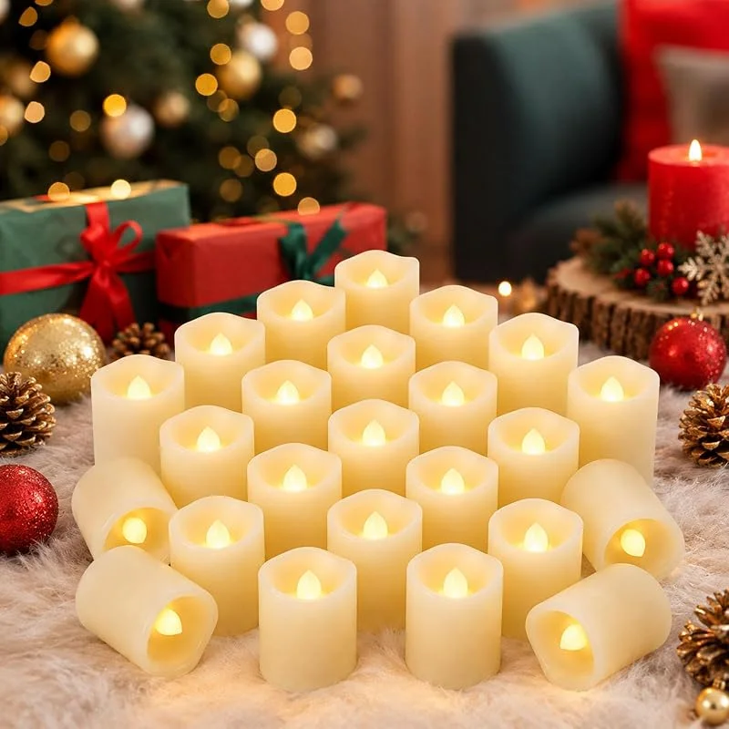 Sathychanpy 24 Piezas LED Sin Llama Votivas Parpadeantes Realistas Velas Electricas Luz Calida Funcion Con Pilas Decoracion Interior Boda Navidad Fiesta Hogar, 3.6x4.2cm — Luces Navidad