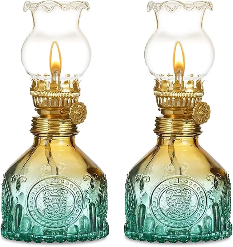 SUNOYA 2 Piezas de Lámparas de Aceite con Acabado Vintage Antiguo, Brillo Ajustable, Vidrio con Gradiente de Color, para Sala de Estar, Comedor, Jardín, Uso de Emergencia — Cena a la luz de velas