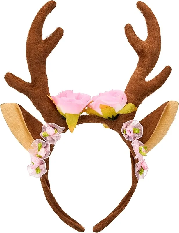 Balinco Diadema de Reno con Orejas, Cornamenta y Flores, Ciervo, Cornamenta de Ciervo, Cuernos de Animal, Disfraces de Mujer, Halloween, Carnaval, Disfraces, Navidad, Accesorios para Cajas de Fotos — Ropa Navidad